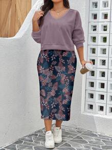SHEIN LUNE Plus Size Women Autumn/Winter Maple Leaf Print Casual Sweatshirt Dress 2 Pieces Set,Holiday Outfits - Multicolor - View 6