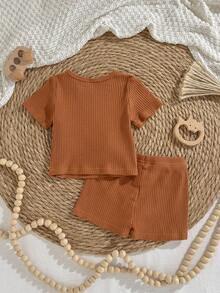 Loomiva Newborn Baby Rainbow Pattern Knitted Soft Round Neck Short Sleeve Top And Elastic Waist Shorts 2 Pieces Set Brown,Summer,Casual,Family Matching Outfit - Khaki - View 2