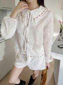 SHEIN EZwear 2pcs/Set Women's White Embroidery Tied Long Sleeve Top And Shorts Set - White - View 5