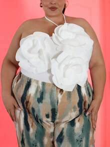 Pretty and Ole Top corto sin mangas, con cuello de atar, decoración floral, de punto acanalado y sin costuras para mujer de talla grande - Blanco - Ver 7