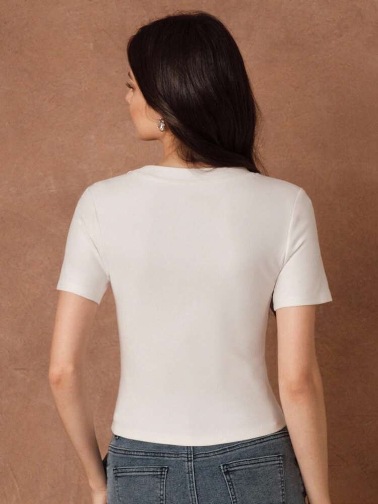 Sexy Rhinestone Decor Waist Fitted Round Neck Short Sleeve T-Shirt, Summer Look