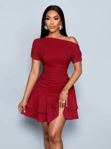 SOLERSUN 女士优雅派对日间杏色针织不对称领口长袖褶皱双褶迷你连衣裙 - 紅色 - 查看 4