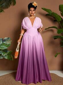 大码女式优雅渐变色印花系带蝴蝶结 V 领 A 字型超长连衣裙，配有短袖，百搭设计，适合外出、海滩、音乐节、春夏季 - 彩色 - 查看 3