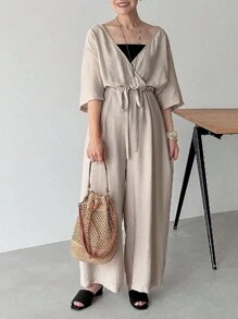 FRIFUL 女士波西米亚风休闲宽松纯色连体裤，短袖夏季抽绳连衣裙，前系带宽松连衣裙，米色连衣裙，V领连衣裙 - 杏色 - 查看 2