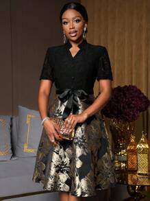 Lunelith SHEIN Lunessa 女士蕾丝提花拼接 V 领系带优雅中长连衣裙 - 黑色 - 查看 5