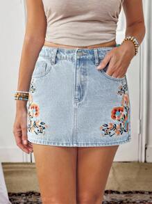 Breezaya Fustă casual pentru femei din denim, cu broderie florală, cu buzunar - Spălare ușoară - Vizualizare 4