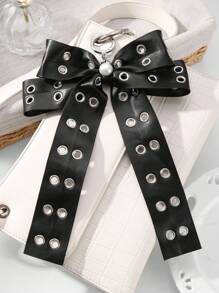 ROMWE Grunge Punk 1pc Y2K Style Retro Punk Chic High-End Black Leather Double-Row Hollow Air Hole Faux Pearl Bow DIY Keychain Bag Pendant, Suitable For Women Girls Everyday Wear, Holiday Gift - Black - View 5