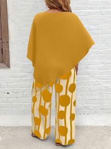 EMERY ROSE Plus Size Vacation Casual Solid Shirt And Striped Circle Print Pants Set - Multicolor - View 2