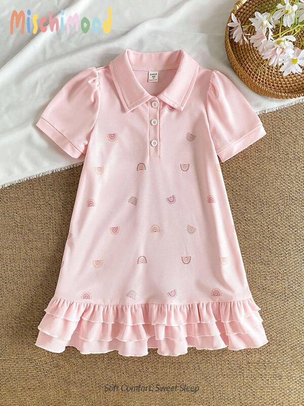 Girls Casual Rainbow Print Puff Sleeve Polo Collar Ruffled Hem Short Sleeve Dress  Back To School Girls Clothes Girls Summer Outfits Back Tp School Clothes School Clothes School Supplies School Bags  Girls Polo Dress