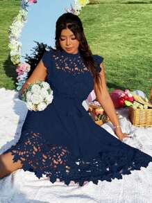 Rometta Vestido elegante de mujer con cuello mao, silueta evasé y mangas de vuelo, con parches de encaje, cinturón en la cintura, en estilo chic francés - Azul Marino - Ver 9
