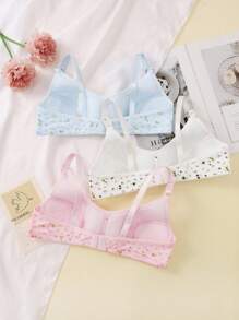 Back To School 3pcs/Set Girl's Floral Print Comfortable Sweet Fresh Minimalist Bra Set,White Winter Cute Kids Underwear Set Fashion Fall - Multicolor - View 2