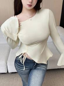 Flirla Plus Size Women Bell Sleeve Off-Shoulder Asymmetrical Design Fitted Drawstring T-Shirt, Slim Fit Fall Cloth For Women - Beige - View 5