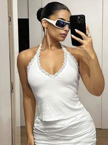 SHEIN ICON Women Modest V Neck Halter White Lace Knitted Casual Modest Tank Tops & Camis - White - View 5