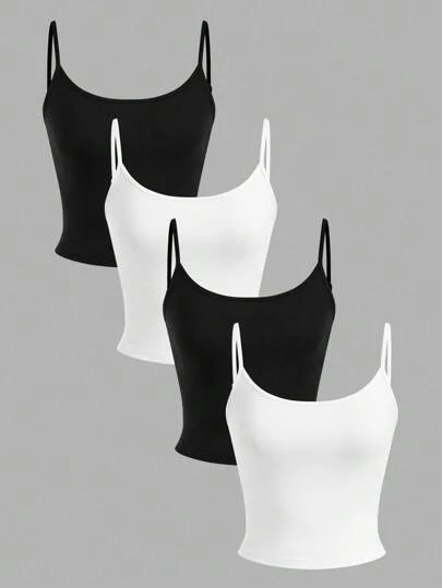 SHEIN EZwear 4pcs Women's Black & White Tight Cropped Casual Tank Top, Suitable For Summer 3 Packs Tops Back To School