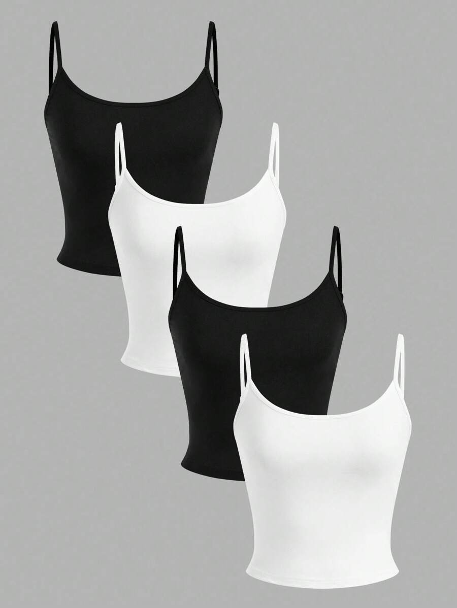 SHEIN EZwear 4件装女士黑白紧身露脐休闲背心，适合夏季穿着，3件装，返校季必备 - 彩色 - 查看 1