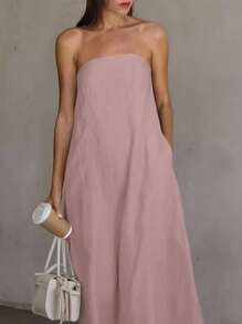 SHEIN Frenchy Große Größen Lässig Einfarben Bandeau Kleid - Pink - Übersicht 3