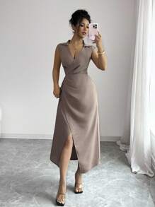 Chiquease Abito elegante da donna, minimalista, colore solido, con vita stretta e senza maniche, adatto per l'uso quotidiano - Caffè Marrone - Visualizzare 5