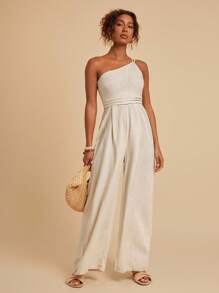 SHEIN X Tarsha Whitmore SHEIN VCAY 單肩闊腿連體褲 - 米色 - 查看 5