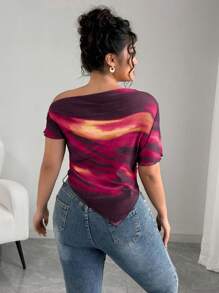 Elenzga Plus Size Women Artistic Gradient Mesh Shoulder T-Shirt, Elegant Printed Holiday Blouse