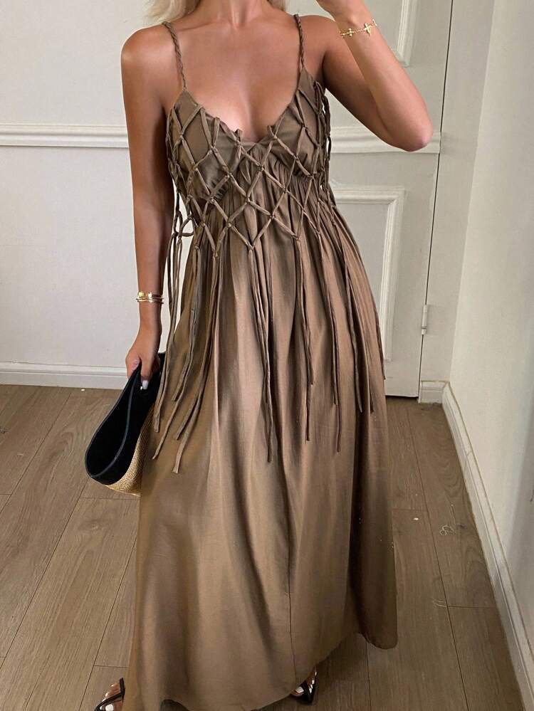 Solid Color Loose A-Line Drawstring Tassel Decor Cami Dress, Casual Holiday Summer Maxi Dress For Women Cruise Outfit For Women