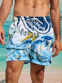 Surfspeed 男士夏季休闲印花抽绳沙滩短裤 - 黑色 - 查看 5