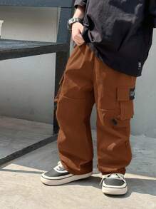 男童休闲百搭字母印花工装裤 - 棕色 - 查看 7