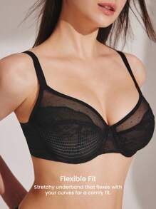 LUVLETTE 全覆盖支撑透气钢圈网眼蕾丝优雅黑色迷你文胸性感内衣 - 黑色 - 查看 5