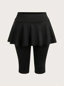 SHEIN EZwear 大码黑色紧身裤搭配仿裙子 - 黑色 - 查看 6