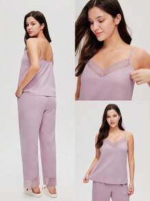 LUVLETTE Summer Women Breathable 100% Pure Cotton Purple Lace Elegance Trim V-Neck Camisole Top & Pants Airy Loungewear Pajama Set Cotton Pajamas - Purple - View 9