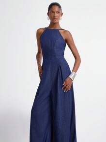 Daynim Women's Casual Sleeveless Backless Denim Jumpsuit, Summer - Dark Wash - View 5