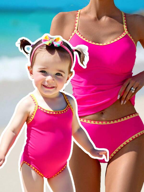 SHEIN Baby Girl Cute Knitted Sleeveless One Piece Swimsuit, For Summer