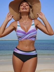 Swim Lushoire Conjunto de bikini de colores degradados anudados para vacaciones de verano - Multicolor - Ver 4