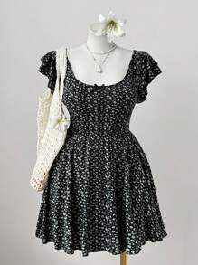 Sweetra Damen Große Größen Vintage elegant Lässig Romper mit Blume Muster, Schleife Dekor, Doppellagiger Ärmel, Dehnbarem Taschen, für Frühling/Sommer