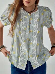 Florisole Áo sơ mi nữ tay ngắn in họa tiết sọc Áo sơ mi nữ ren tương phản thời trang đa năng - trắng - Xem 2