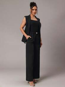 Silquee 女士纯色休闲宽松直筒夏季长裤 - 黑色 - 查看 7