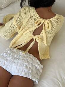 SHEIN EZwear Áo khoác cardigan buộc dây màu vàng bơ trơn thường ngày dành cho nữ, đa năng trong mùa thu/đông - Màu be - Xem 2