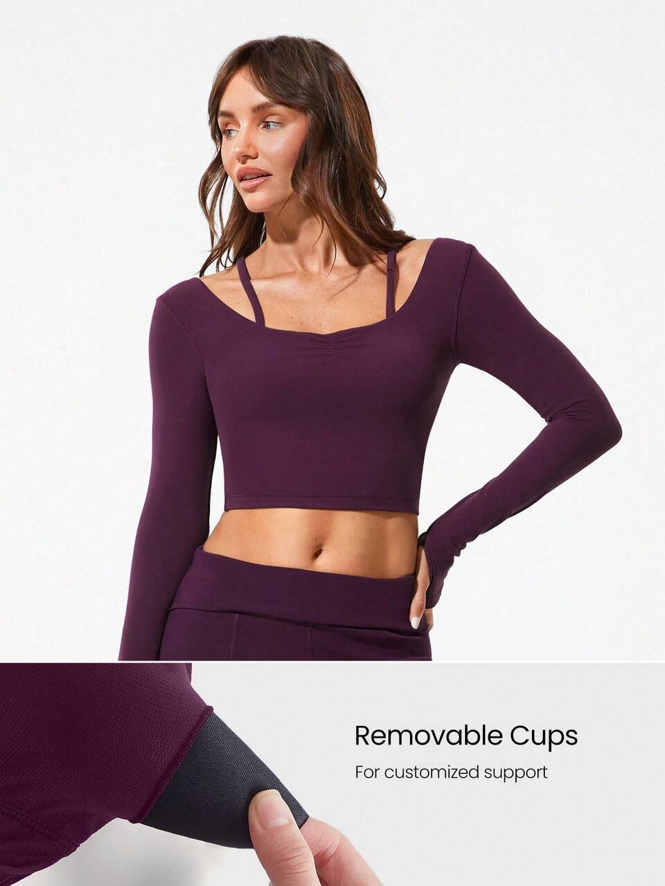 FeatherFit™ Plié Perfect Pleated Customizable Shoulder Straps Cropped Length Long-Sleeve Slim Fit Top With Thumbholes Yoga Pilates