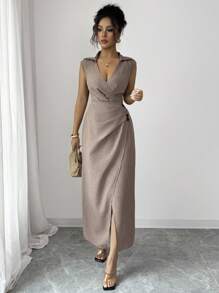 Chiquease Abito elegante da donna, minimalista, colore solido, con vita stretta e senza maniche, adatto per l'uso quotidiano - Caffè Marrone - Visualizzare 1