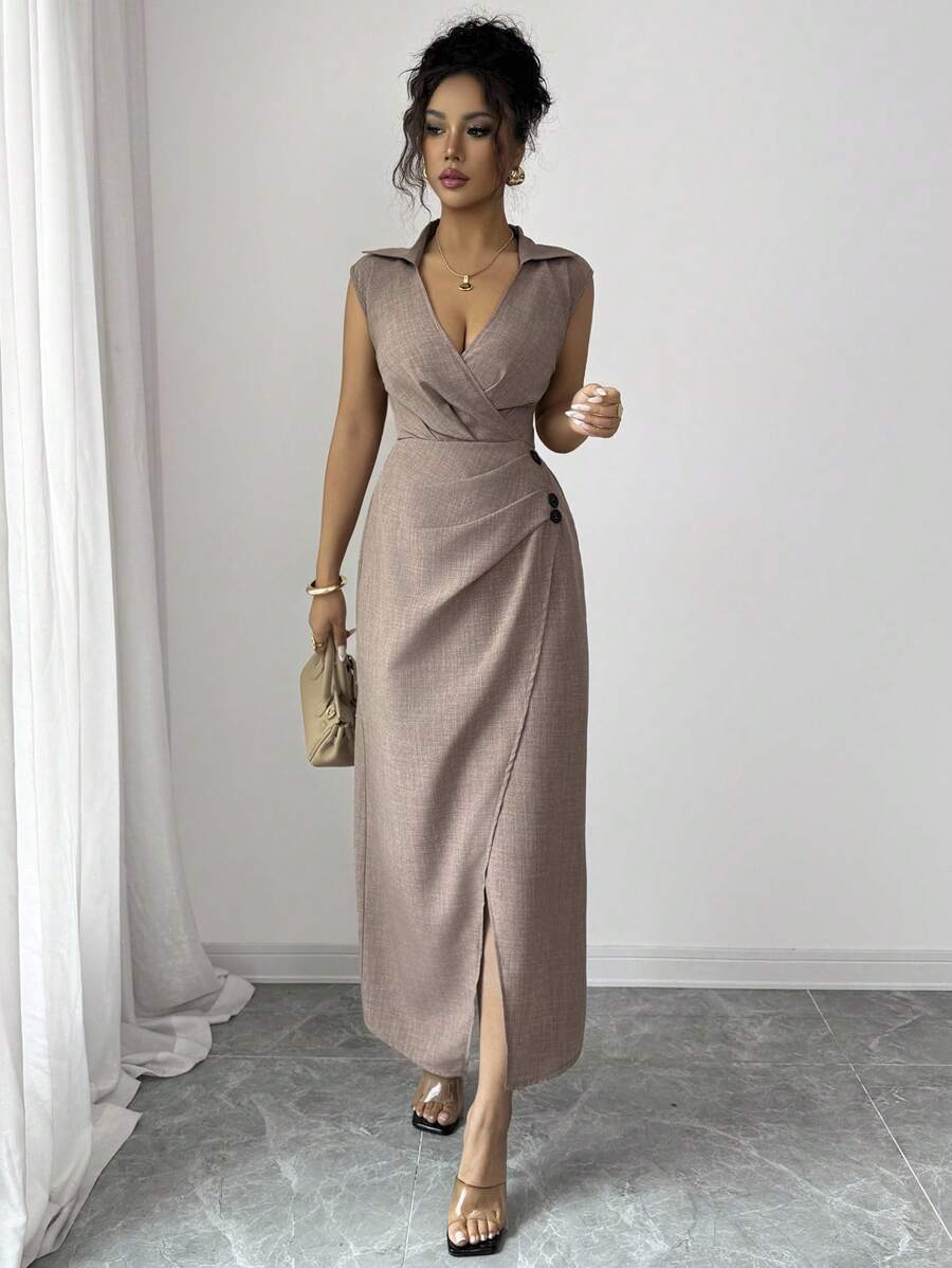 Chiquease Abito elegante da donna, minimalista, colore solido, con vita stretta e senza maniche, adatto per l'uso quotidiano - Caffè Marrone - Visualizzare 1