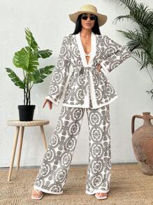 EURMUSE 2pcs/Set Retro Print Kimono Cardigan & Wide Leg Long Pants - Beige - View 2