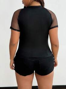 Plus Whyspr-D Casual Cutout Front Mesh Panel Geometric Ribbed Trim Tee Top, For Daily Wear, Independence Day, Vacation, Halloween, Back To School, Holidays - Black - View 3