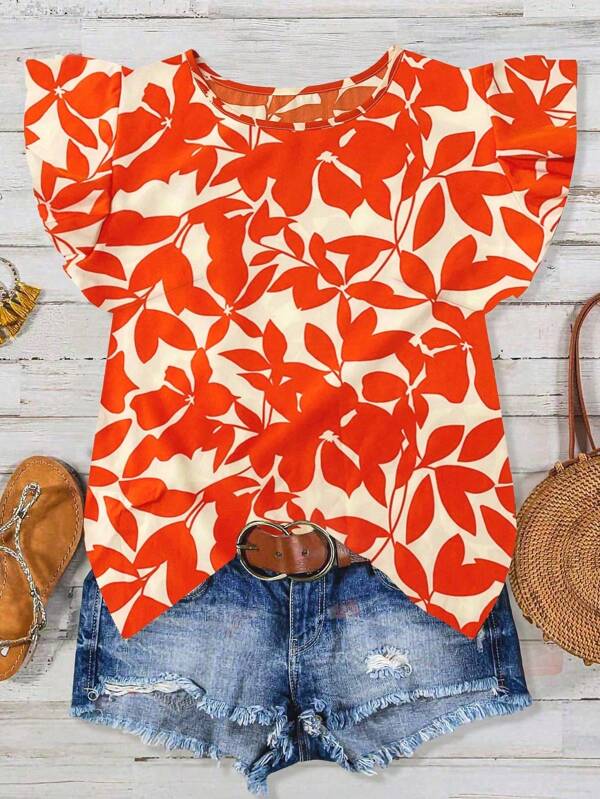 SHEIN Tall Chemise ample et ample à imprimé feuilles oranges décontractée pour vacances, manches ballons, pour femmes, printemps et été