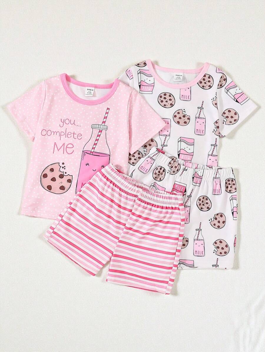 SHEIN Playful Pals Baby Girl Multiple Set Combination, 2 Sets Of Comfortable Short-Sleeved Shorts Printed With Cute Biscuits - Pink - View 1