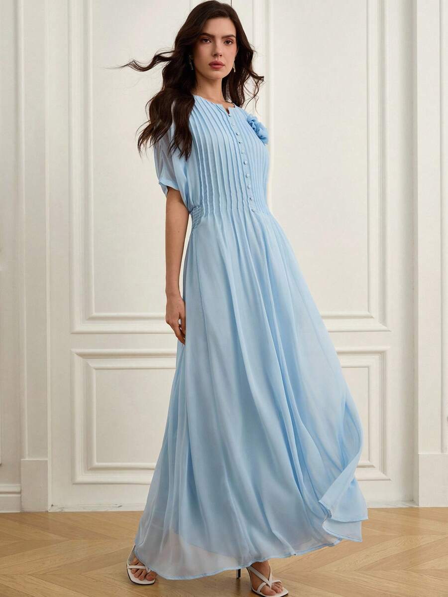 Chiquease European & American Elegant, Lightweight, Luxury Chiffon Pleated, Front Button Down, 3D Floral Decoration Women Long Dress - Blue - View 1