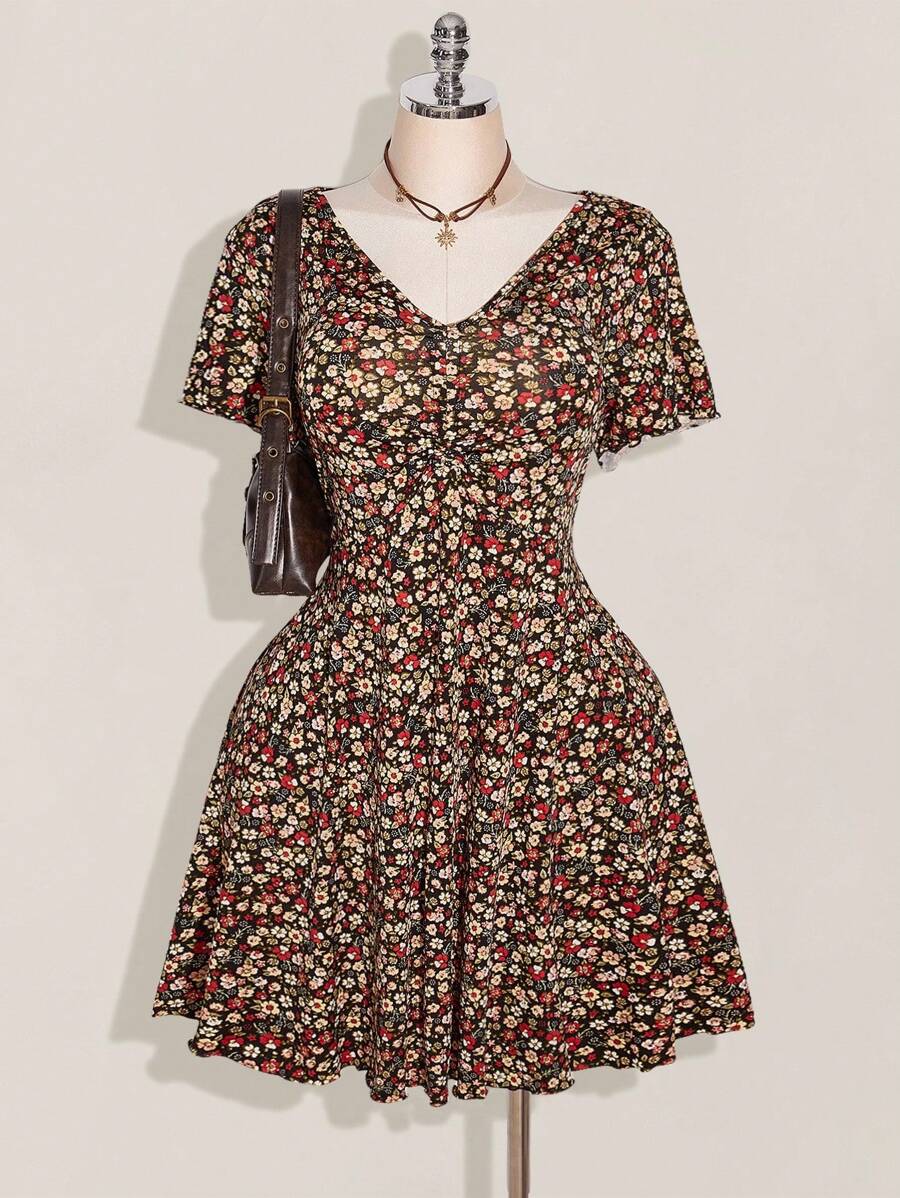 SHEIN ICON Abito corto a maniche corte con stampa floreale, taglie comode, per l'estate, abito floreale, abbigliamento per il ritorno a scuola, abito per ritorno a casa