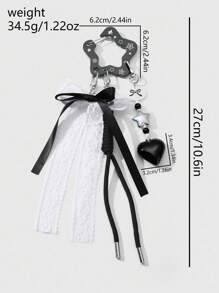 ROMWE Anime 1 pieza Estilo gótico vintage punk negro hueco de acrílico en forma de estrella, corazón, cinta de tul blanco trenzado Llavero DIY, Colgante de bolso, Colgante de teléfono, Regalo para mujeres, niñas, Halloween - Negro - Ver 9