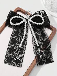 ROMWE Kawaii 1pc Handmade Vintage Goth Style Beaded Keychain/Bag Charm With White Faux Pearl, Black Beads, Hollow Stars, Tulle & Bow, Unique Gift For Women, Girls - Black and White - View 3