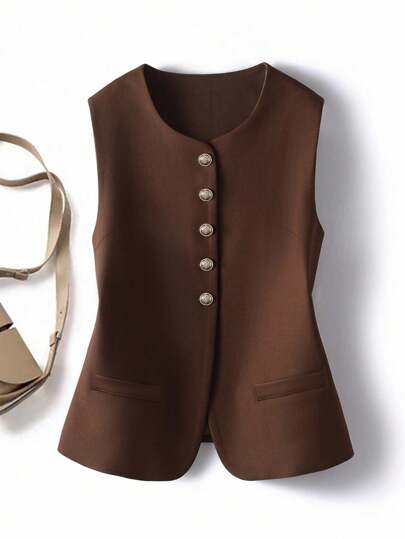 SHEIN LUNE Chaleco de estilo vintage elegante y casual con cuello redondo para mujeres