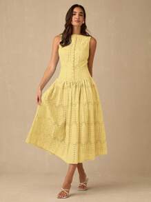 Enchnt 女士优雅纯色无袖连衣裙，夏季 - 黃色 - 查看 6