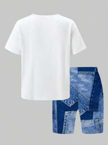 2pcs/Set Teen Girls Summer Casual Fashion Style Big Heart Denim Printed White Round Neck T-Shirt + Denim Printed Shorts Set